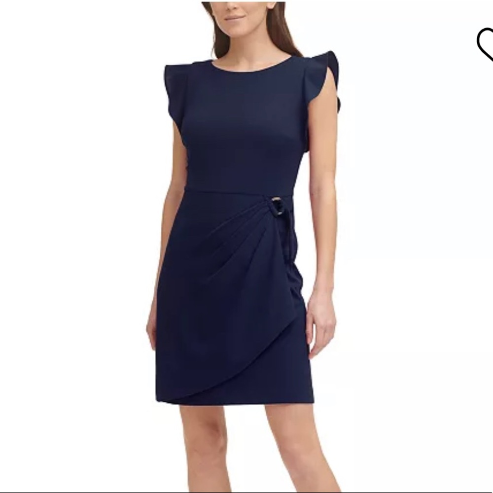 DKNY  - NAVY Gathered-Waist Flutter-Sleeve Dress